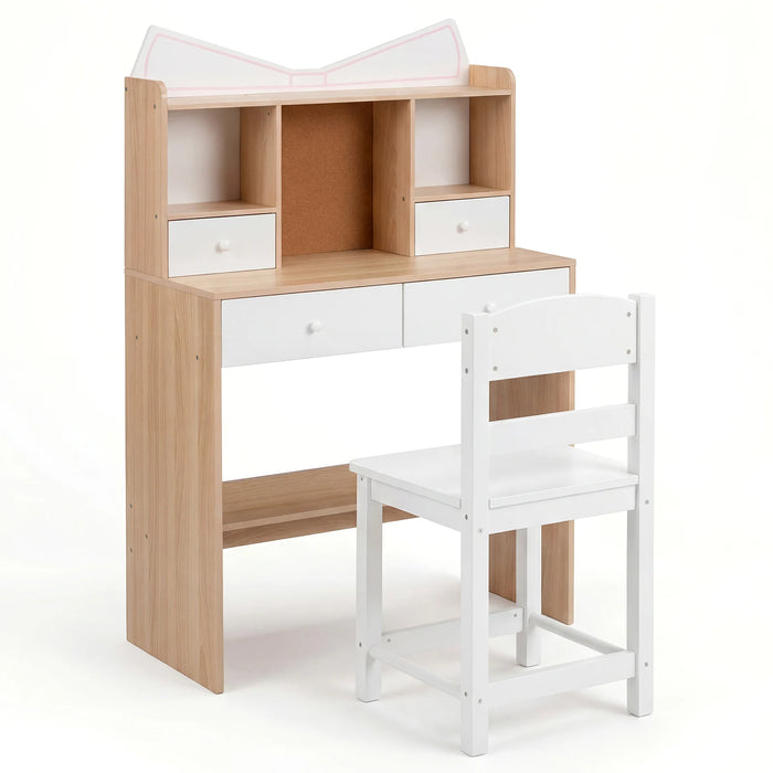 Kids Study Desk and Chair Set with Open Shelves and Cork Bulletin Board-