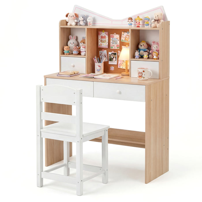 Kids Study Desk and Chair Set with Open Shelves and Cork Bulletin Board-