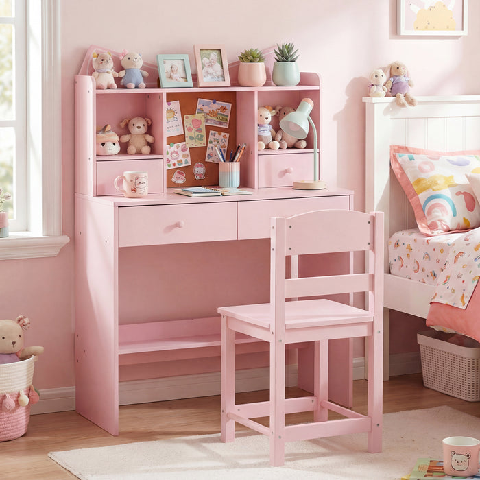 Kids Study Desk and Chair Set with Open Shelves and Cork Bulletin Board-