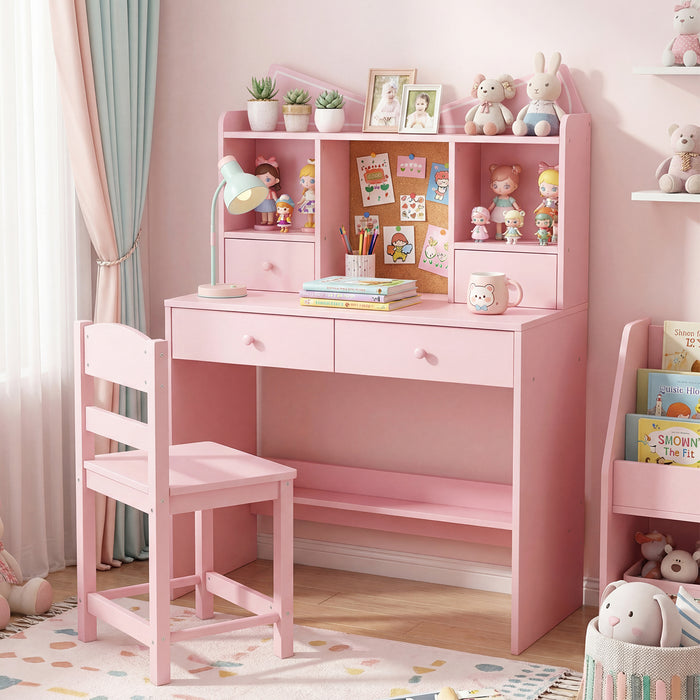 Kids Study Desk and Chair Set with Open Shelves and Cork Bulletin Board-