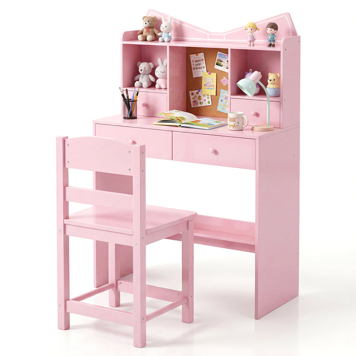 Kids Study Desk and Chair Set with Open Shelves and Cork Bulletin Board-