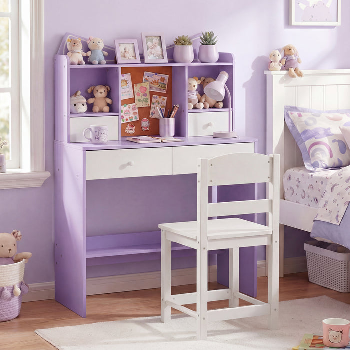 Kids Study Desk and Chair Set with Open Shelves and Cork Bulletin Board-