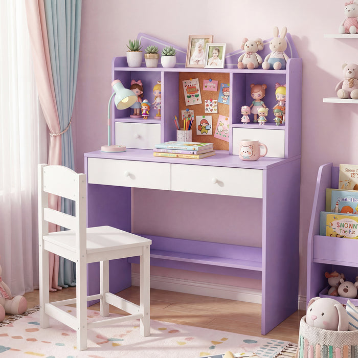 Kids Study Desk and Chair Set with Open Shelves and Cork Bulletin Board-
