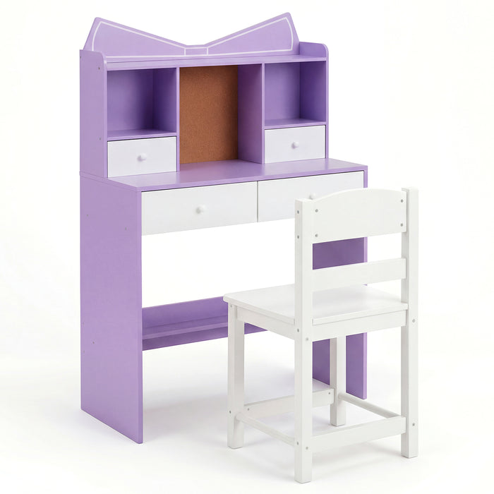 Kids Study Desk and Chair Set with Open Shelves and Cork Bulletin Board-