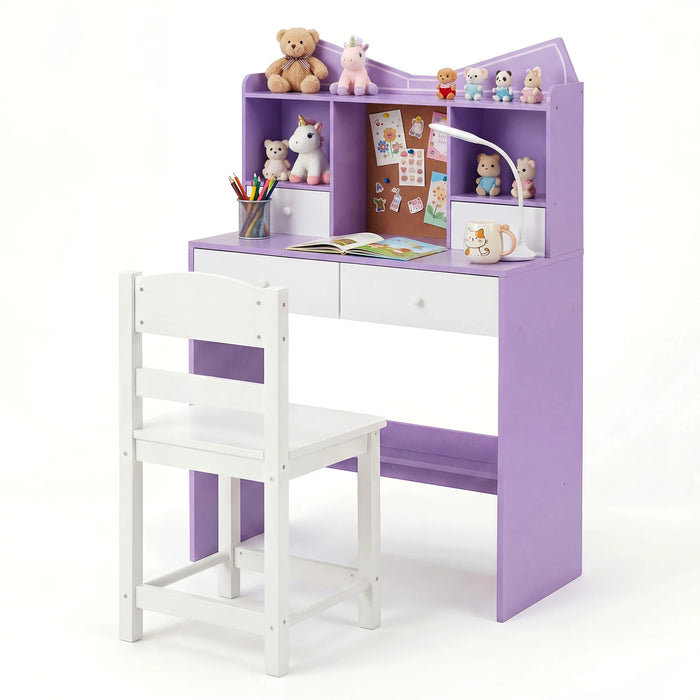 Kids Study Desk and Chair Set with Open Shelves and Cork Bulletin Board-