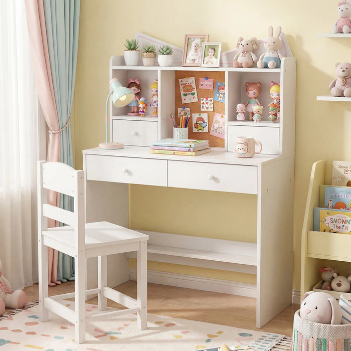 Kids Study Desk and Chair Set with Open Shelves and Cork Bulletin Board-