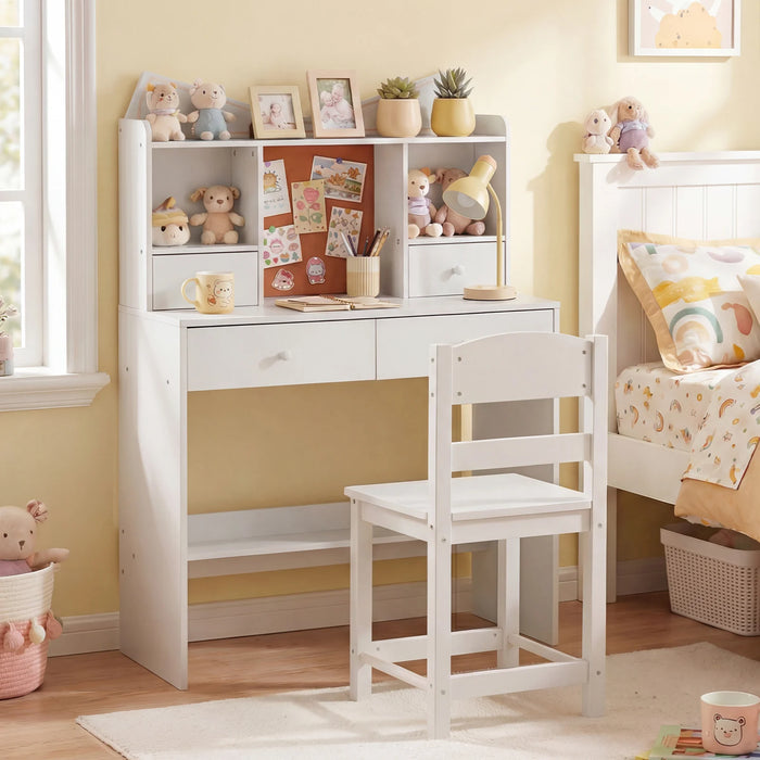 Kids Study Desk and Chair Set with Open Shelves and Cork Bulletin Board-