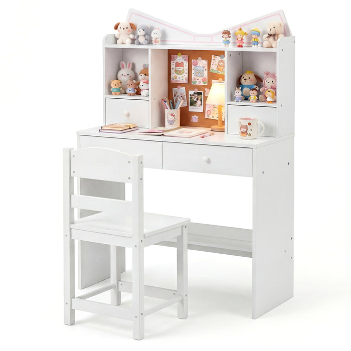 Kids Study Desk and Chair Set with Open Shelves and Cork Bulletin Board-