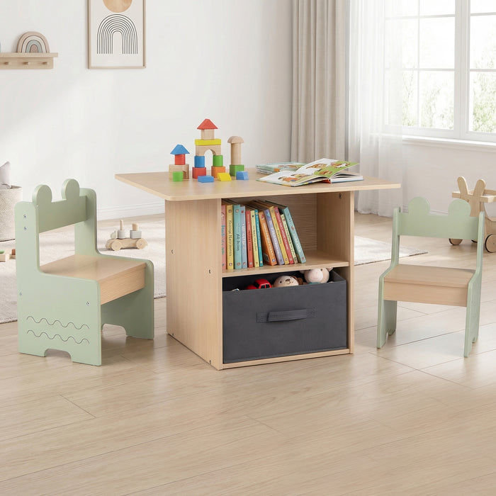 Kids Table and Chairs Set Wooden Toddler Activity Table Set with 2 Open Compartments-
