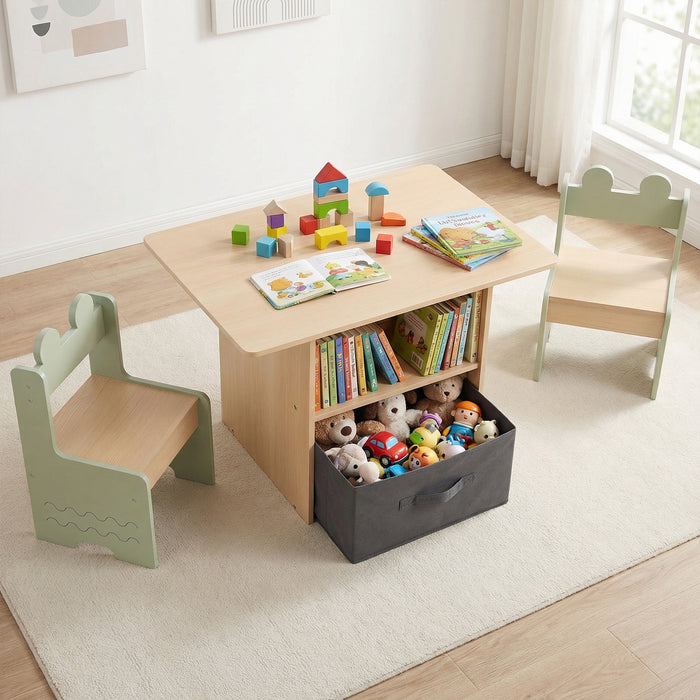 Kids Table and Chairs Set Wooden Toddler Activity Table Set with 2 Open Compartments-
