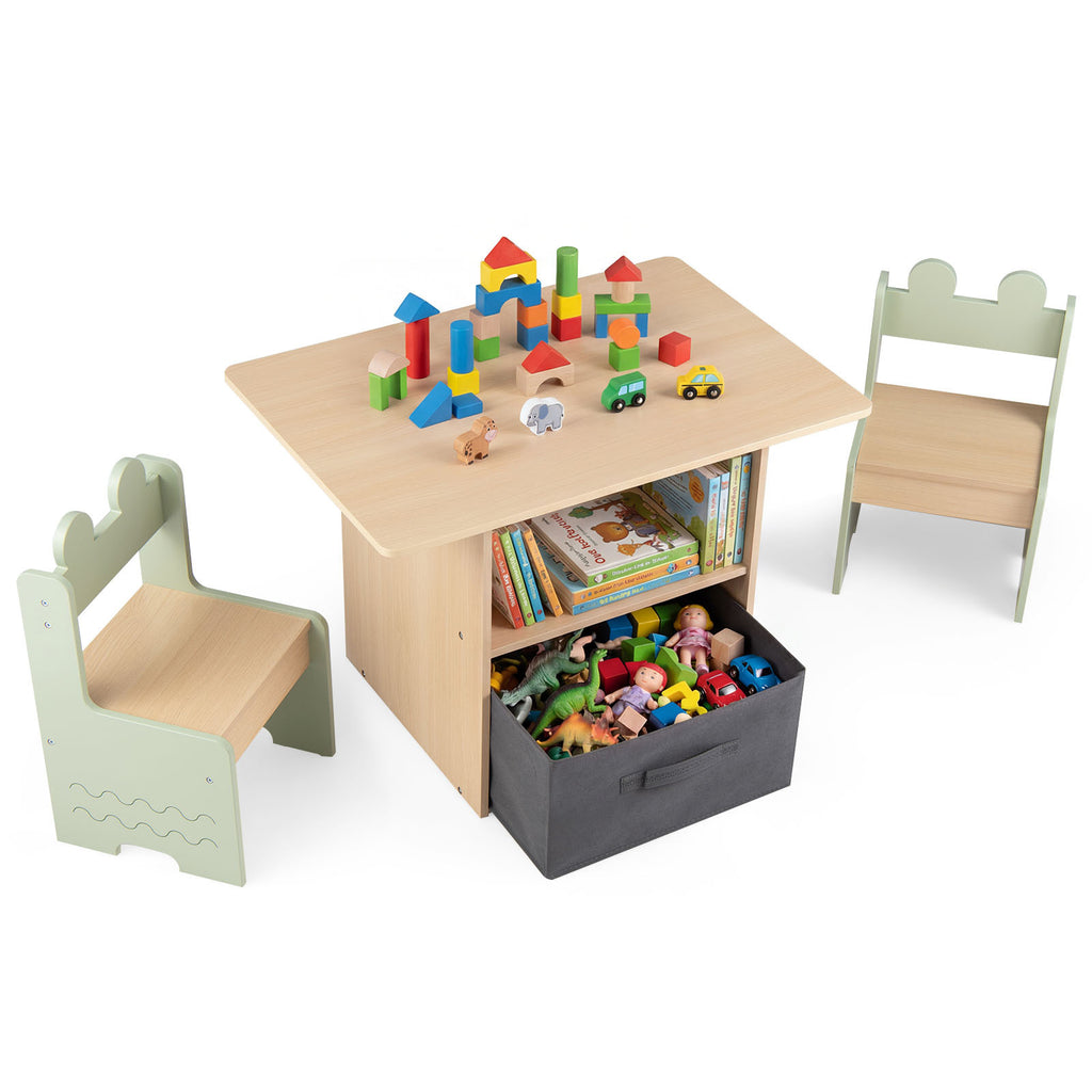 Kids Table and Chairs Set Wooden Toddler Activity Table Set with 2 Open Compartments-
