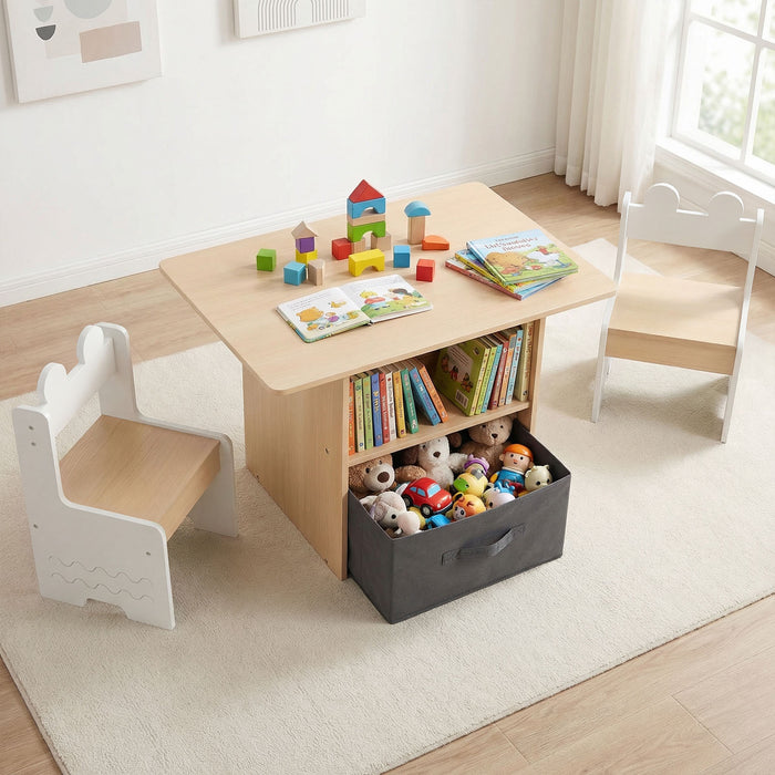 Kids Table and Chairs Set Wooden Toddler Activity Table Set with 2 Open Compartments-