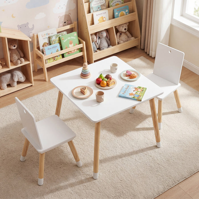 Kids Table and Chairs Set with Pine Wood Legs for Playing Learning Eating-