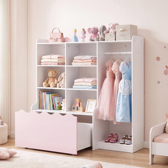 Kids Toy Storage Organizer with Clothing Rack 6 Cubes and Movable Drawer-