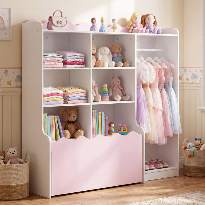 Kids Toy Storage Organizer with Clothing Rack 6 Cubes and Movable Drawer-