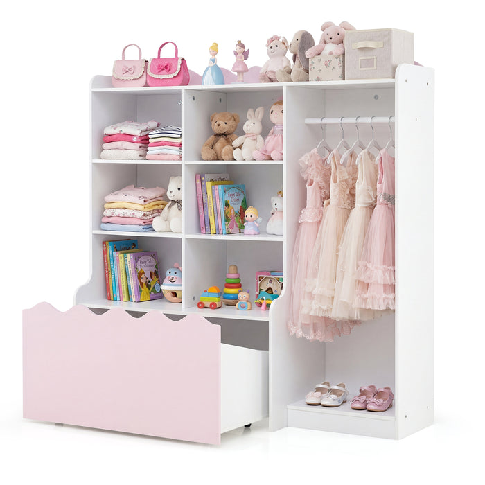 Kids Toy Storage Organizer with Clothing Rack 6 Cubes and Movable Drawer-