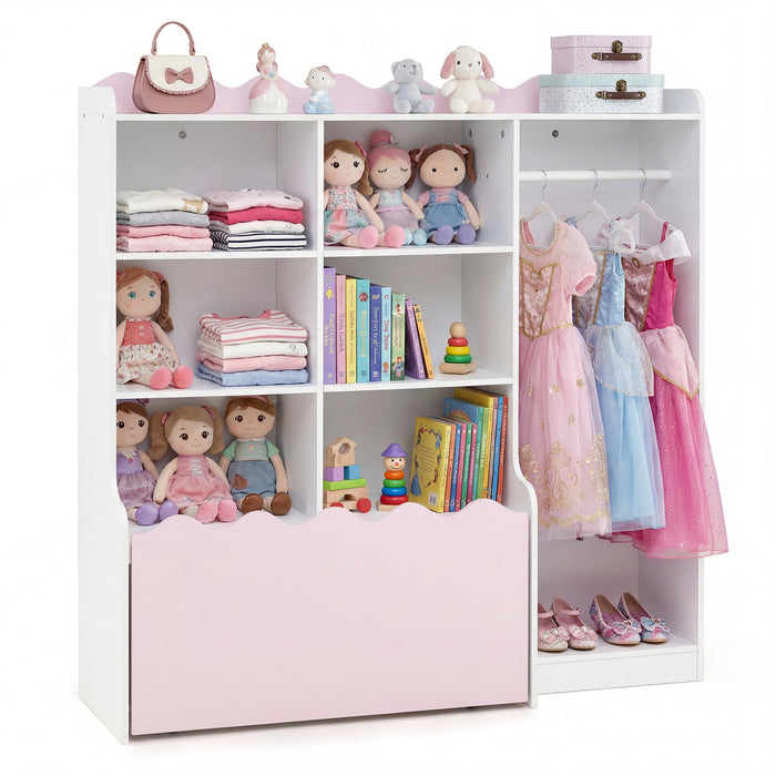 Kids Toy Storage Organizer with Clothing Rack 6 Cubes and Movable Drawer-