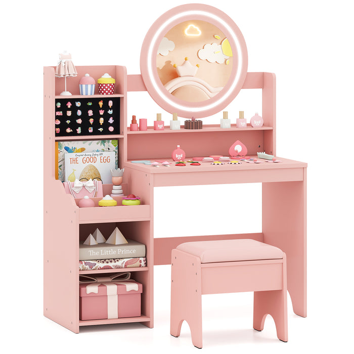 Kids Vanity Desk Princess Pretend Play Dressing Table Set with Mirror and Lights-White