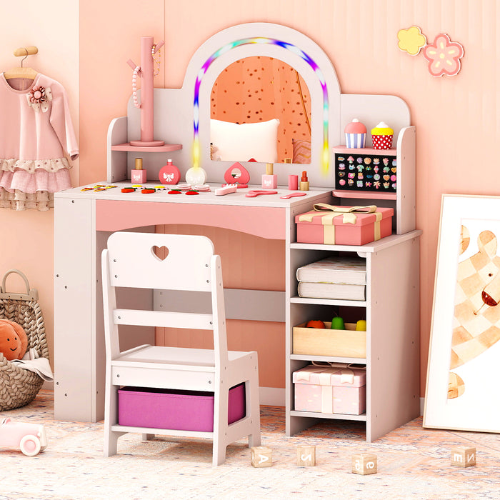 Kids Vanity Desk with Mirror and Open Storage Shelves-