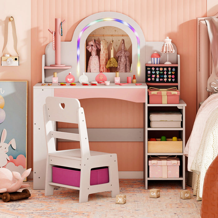 Kids Vanity Desk with Mirror and Open Storage Shelves-