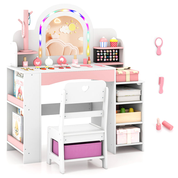 Kids Vanity Desk with Mirror and Open Storage Shelves-