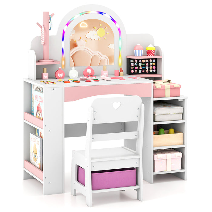 Kids Vanity Desk with Mirror and Open Storage Shelves-