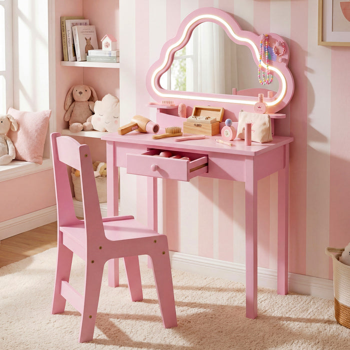 Kids Vanity Set with Lighted Cloud Mirror & Stool and Jewelry Rack for Girls-