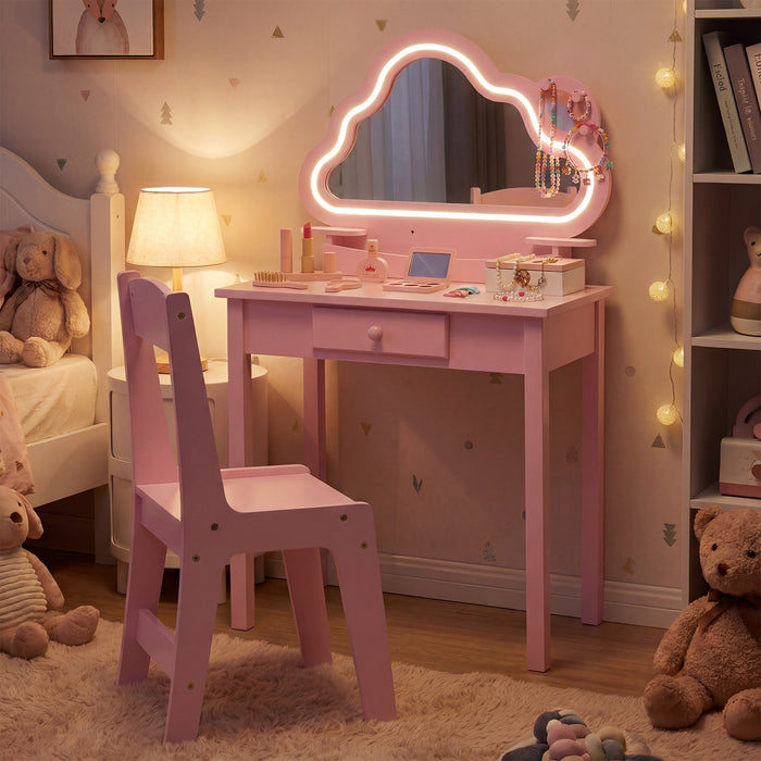 Kids Vanity Set with Lighted Cloud Mirror & Stool and Jewelry Rack for Girls-
