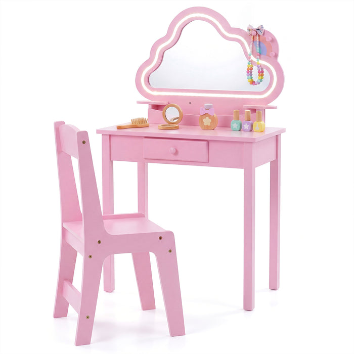 Kids Vanity Set with Lighted Cloud Mirror & Stool and Jewelry Rack for Girls-