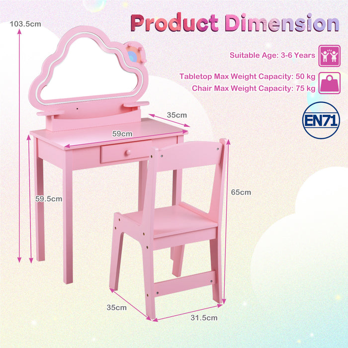 Kids Vanity Set with Lighted Cloud Mirror & Stool and Jewelry Rack for Girls-
