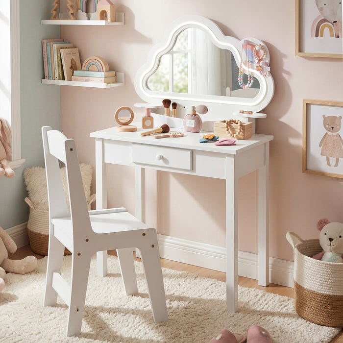 Kids Vanity Set with Lighted Cloud Mirror & Stool and Jewelry Rack for Girls-