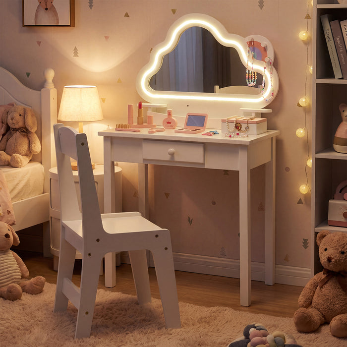 Kids Vanity Set with Lighted Cloud Mirror & Stool and Jewelry Rack for Girls-