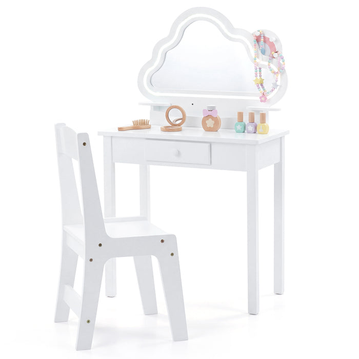 Kids Vanity Set with Lighted Cloud Mirror & Stool and Jewelry Rack for Girls-
