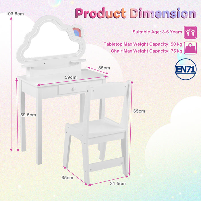 Kids Vanity Set with Lighted Cloud Mirror & Stool and Jewelry Rack for Girls-