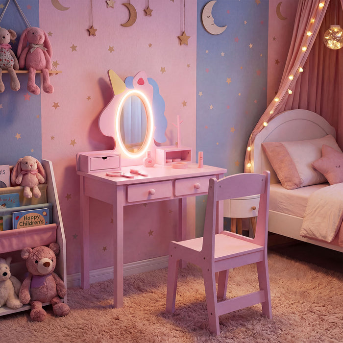 Kids Vanity Set with Lighted Unicorn Mirror & Stool and Jewelry Rack for Girls-