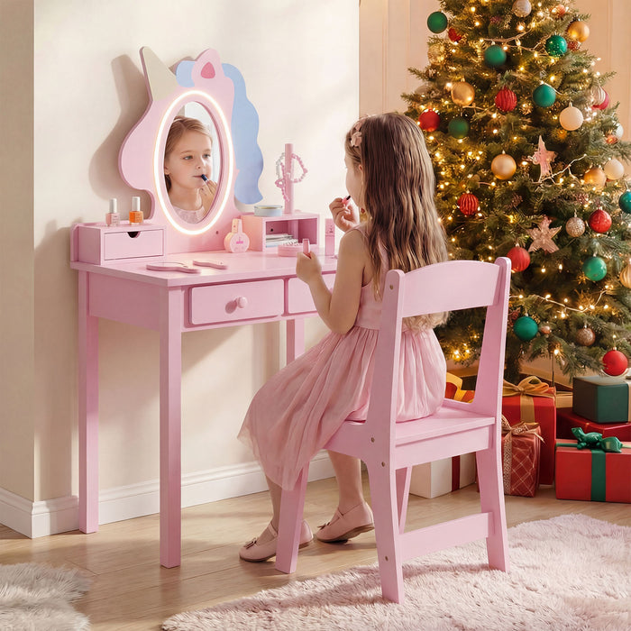 Kids Vanity Set with Lighted Unicorn Mirror & Stool and Jewelry Rack for Girls-