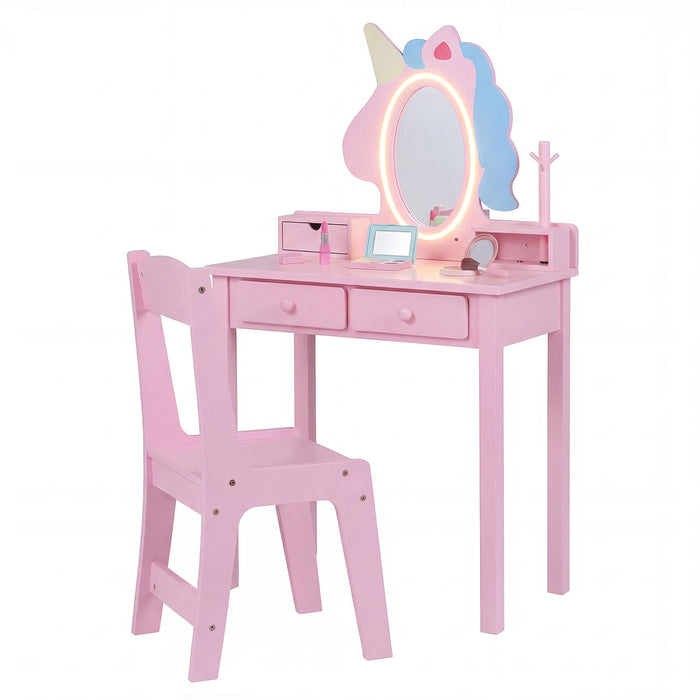 Kids Vanity Set with Lighted Unicorn Mirror & Stool and Jewelry Rack for Girls-