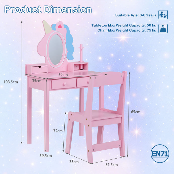 Kids Vanity Set with Lighted Unicorn Mirror & Stool and Jewelry Rack for Girls-