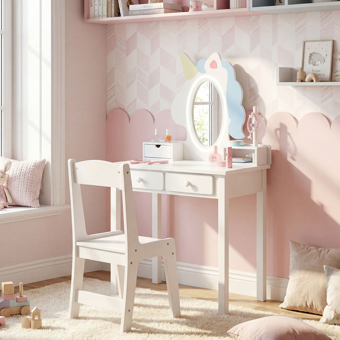 Kids Vanity Set with Lighted Unicorn Mirror & Stool and Jewelry Rack for Girls-