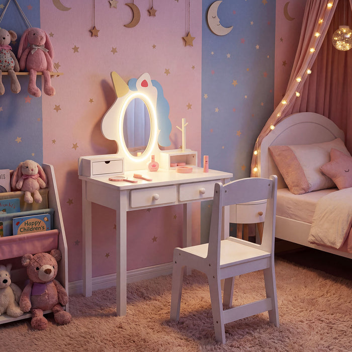 Kids Vanity Set with Lighted Unicorn Mirror & Stool and Jewelry Rack for Girls-