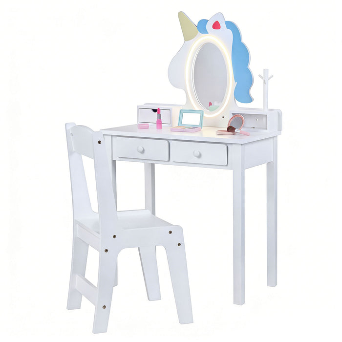 Kids Vanity Set with Lighted Unicorn Mirror & Stool and Jewelry Rack for Girls-