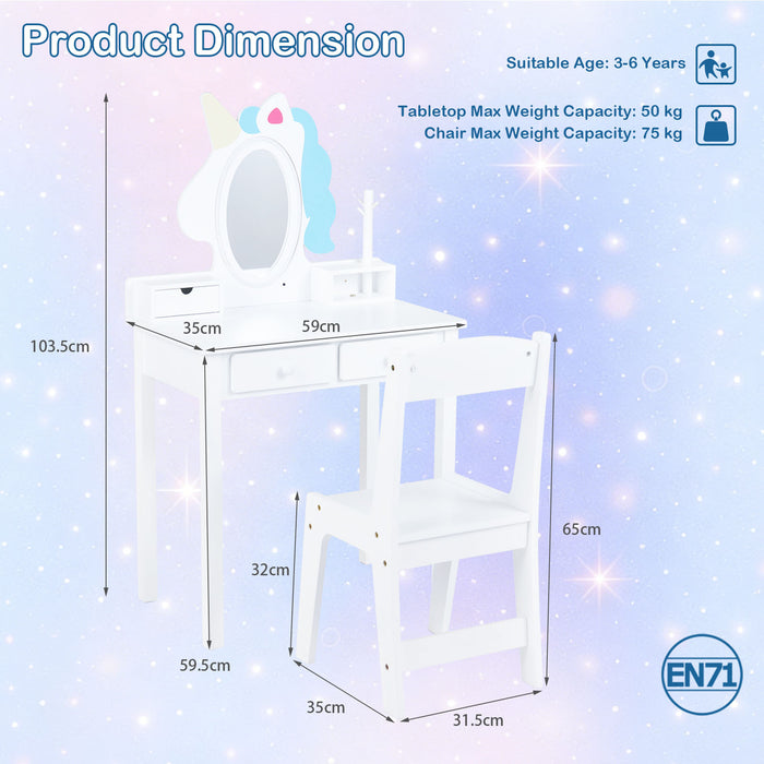 Kids Vanity Set with Lighted Unicorn Mirror & Stool and Jewelry Rack for Girls-