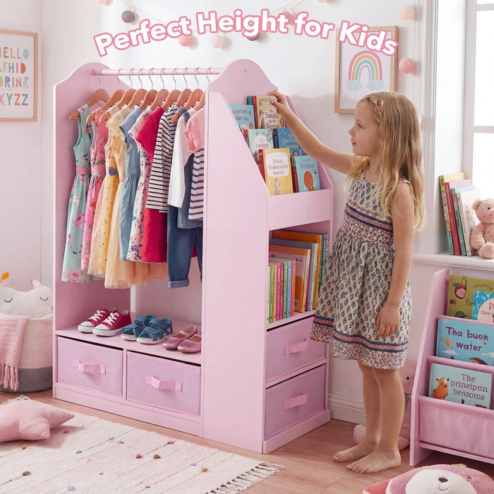 Kids Wardrobe with Full-Length Mirror Dress Up Storage Cabinet with Hanging Rack Bookshelf-