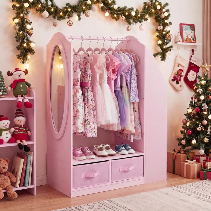 Kids Wardrobe with Full-Length Mirror Dress Up Storage Cabinet with Hanging Rack Bookshelf-