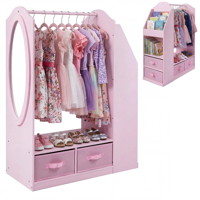 Kids Wardrobe with Full-Length Mirror Dress Up Storage Cabinet with Hanging Rack Bookshelf-