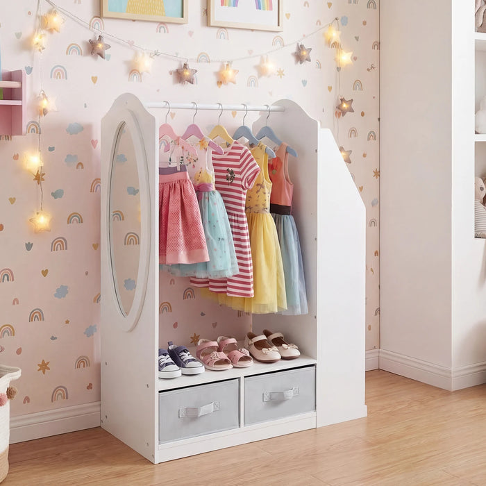 Kids Wardrobe with Full-Length Mirror Dress Up Storage Cabinet with Hanging Rack Bookshelf-