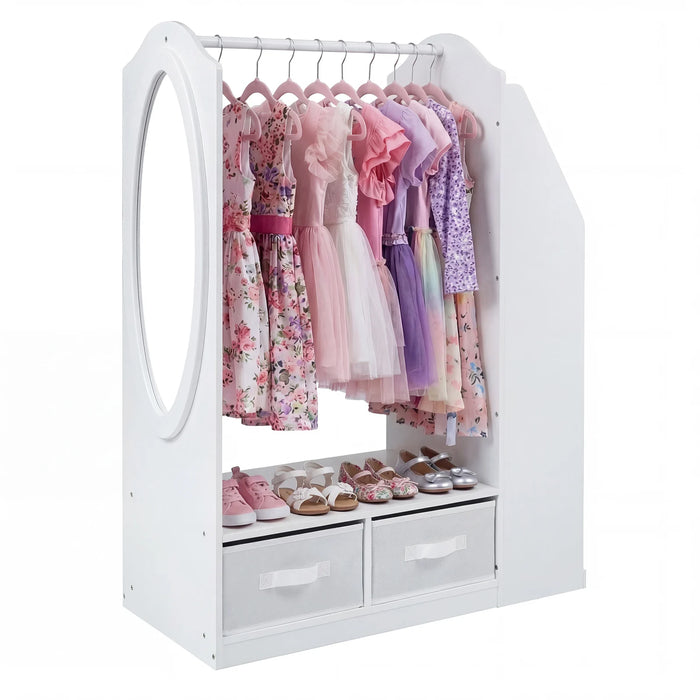 Kids Wardrobe with Full-Length Mirror Dress Up Storage Cabinet with Hanging Rack Bookshelf-
