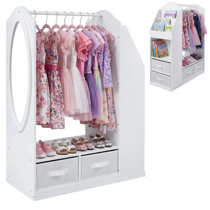 Kids Wardrobe with Full-Length Mirror Dress Up Storage Cabinet with Hanging Rack Bookshelf-
