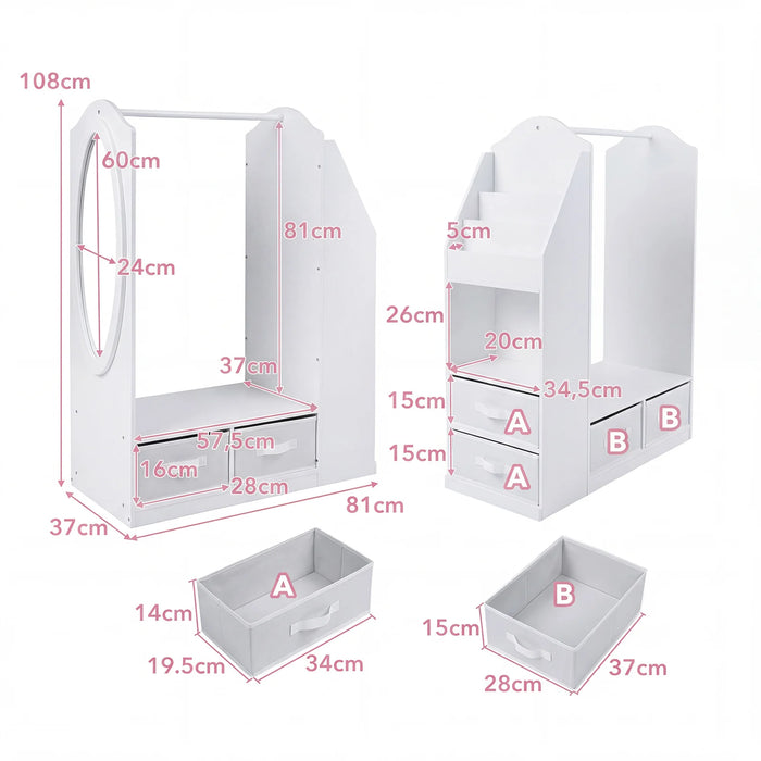 Kids Wardrobe with Full-Length Mirror Dress Up Storage Cabinet with Hanging Rack Bookshelf-