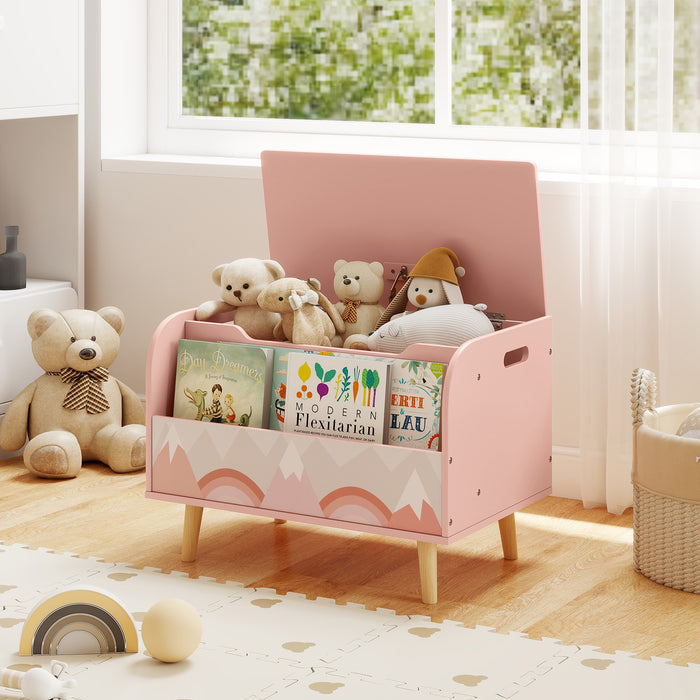 Kids Wooden Toy Box with Front Bookshelf 4 Solid Wood Legs-